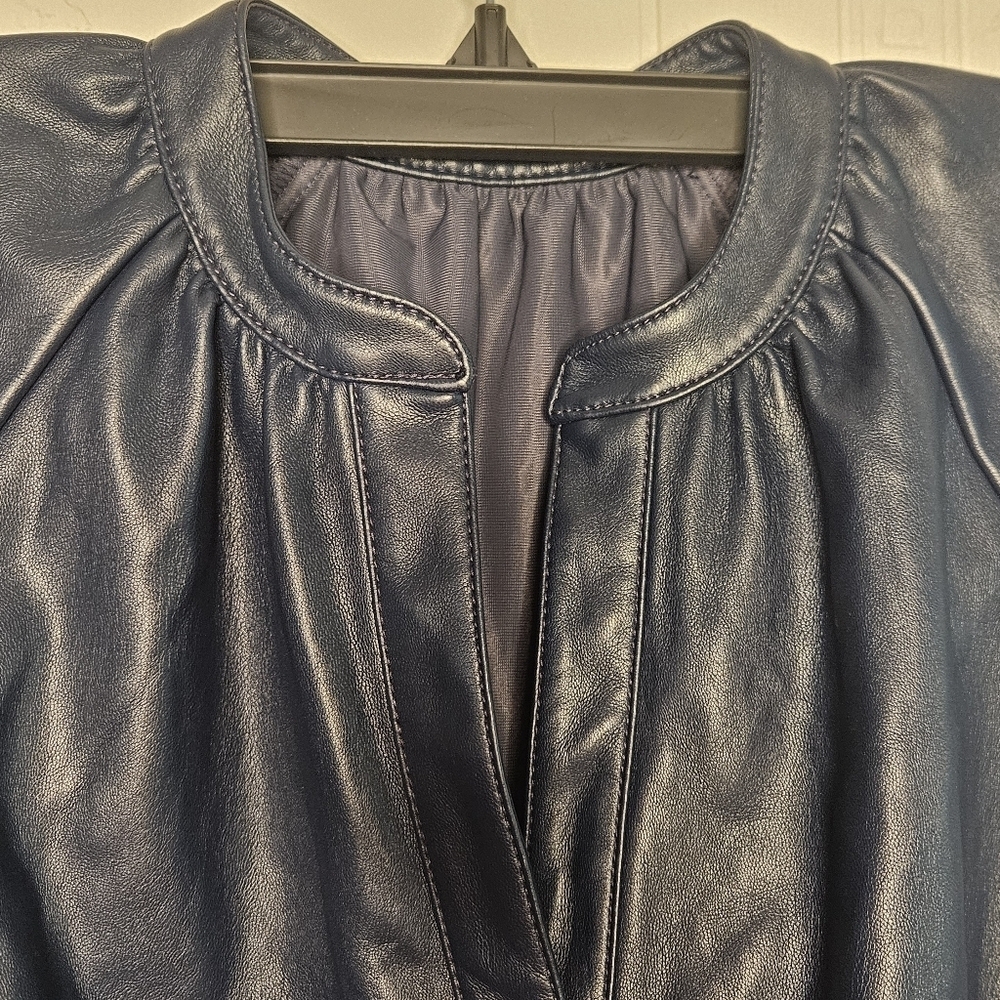 Ann Taylor Faux Leather Navy Shirt Dress Short Sleeve Midi Sz 0 Petite NWT - Picture 4 of 13